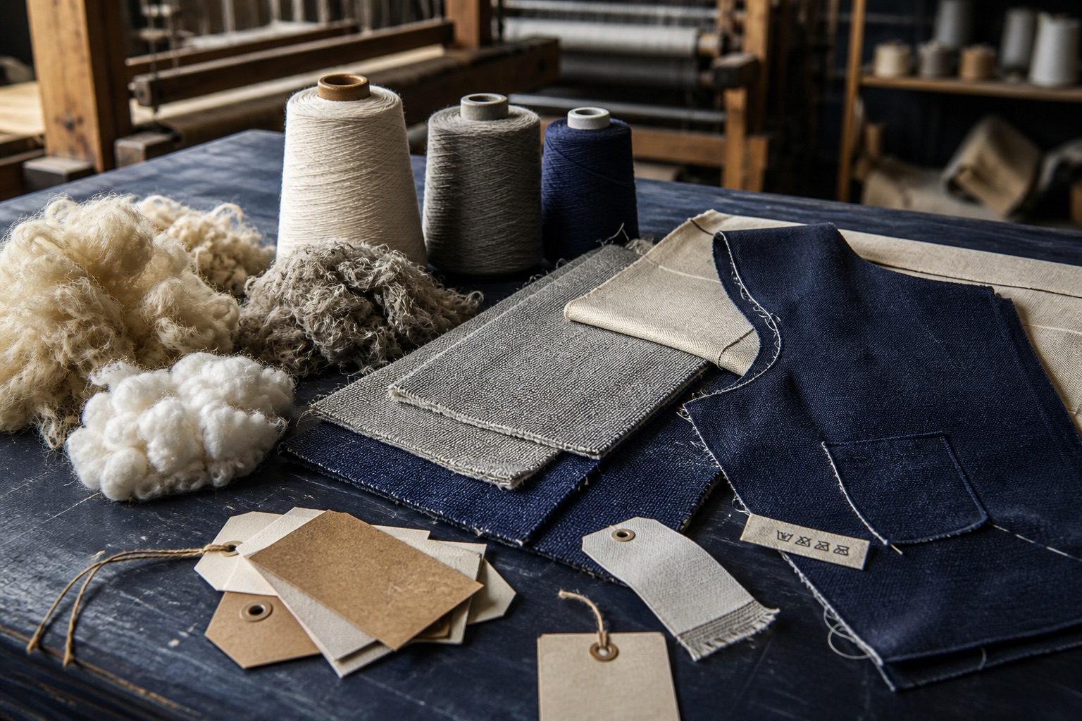 Fibers, yarn, woven fabric, and a garment panel arranged from material to finished product