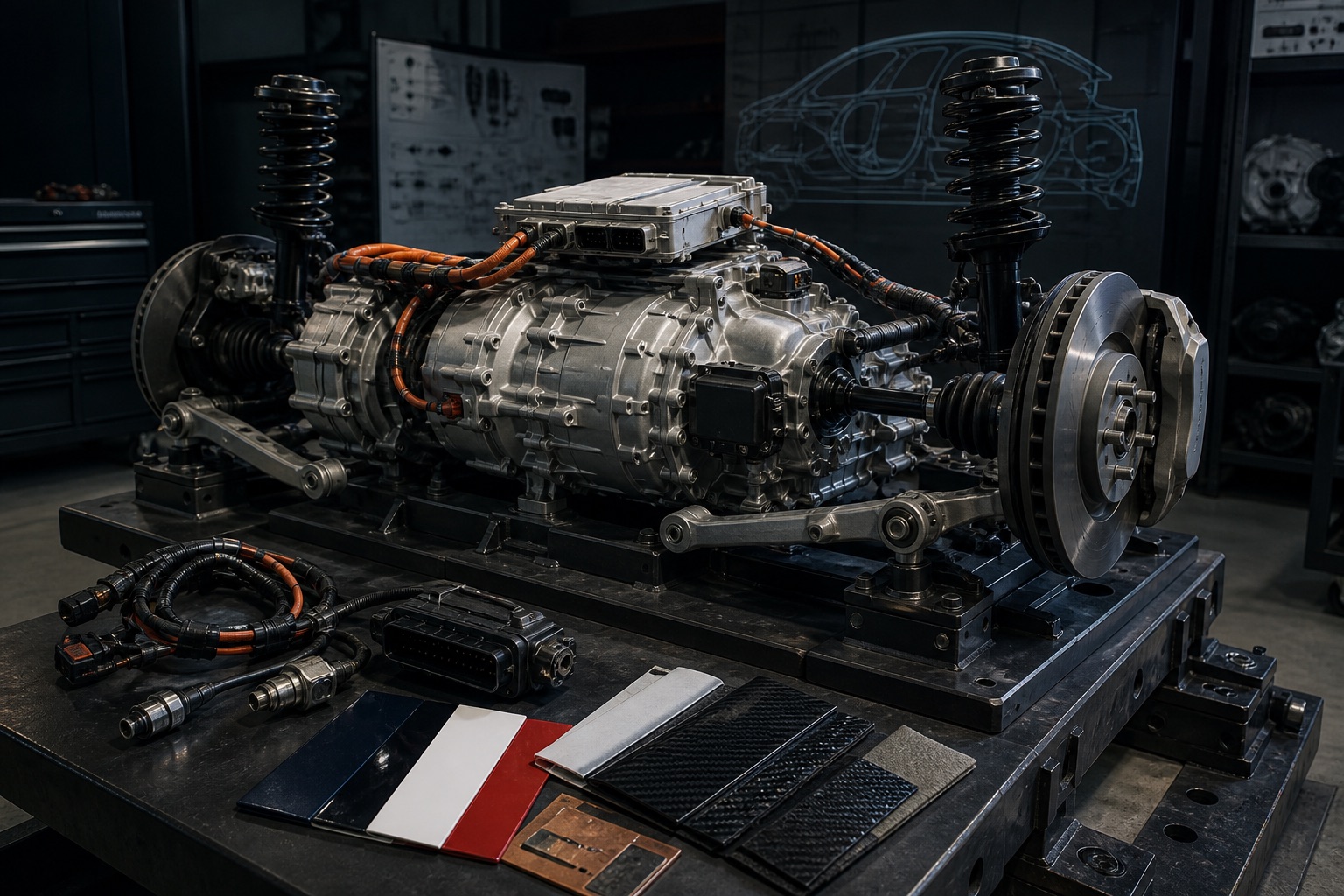 An electric vehicle drive unit, suspension, brakes, power electronics, wiring, and material samples