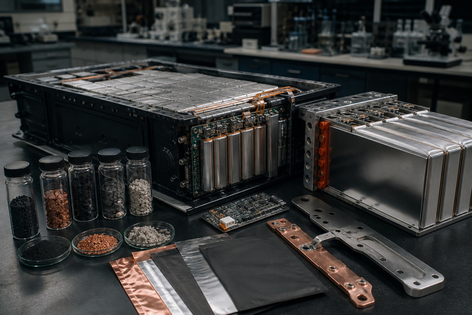 Battery cells and modules shown with electronics, current collectors, and mineral and recycled material samples