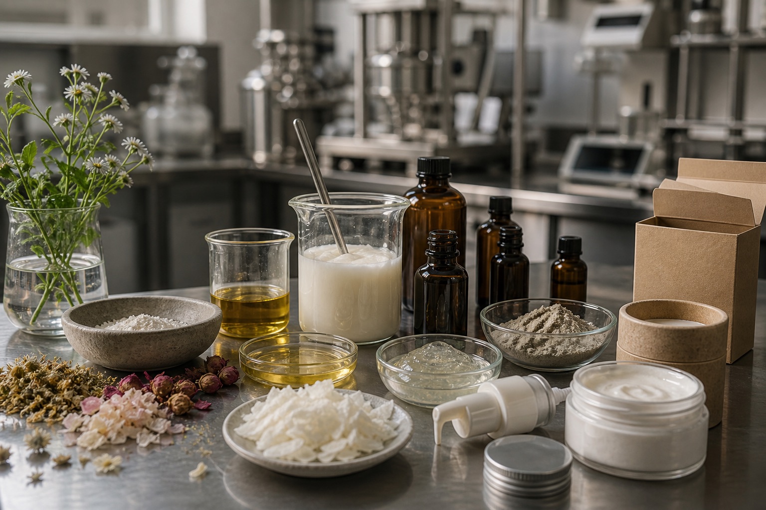Botanical ingredients, formulation vessels, pigments, and refillable beauty packaging in a product laboratory