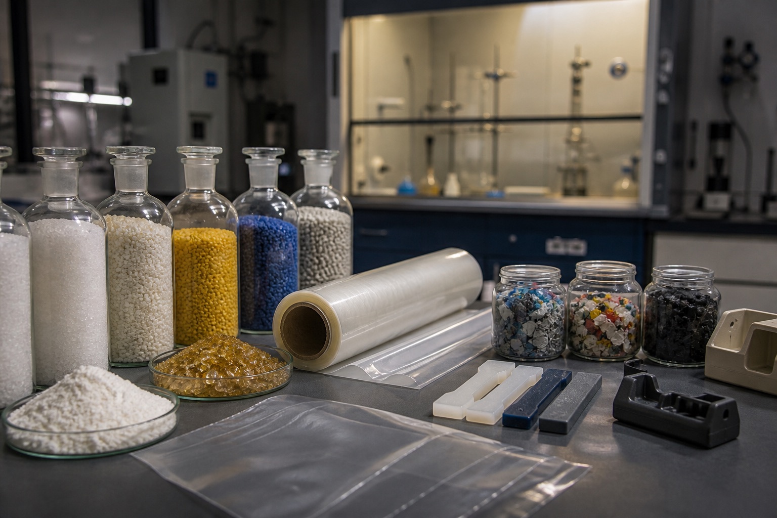 Polymer feedstocks, resin pellets, recycled flakes, film, test pieces, and molded components in a materials laboratory