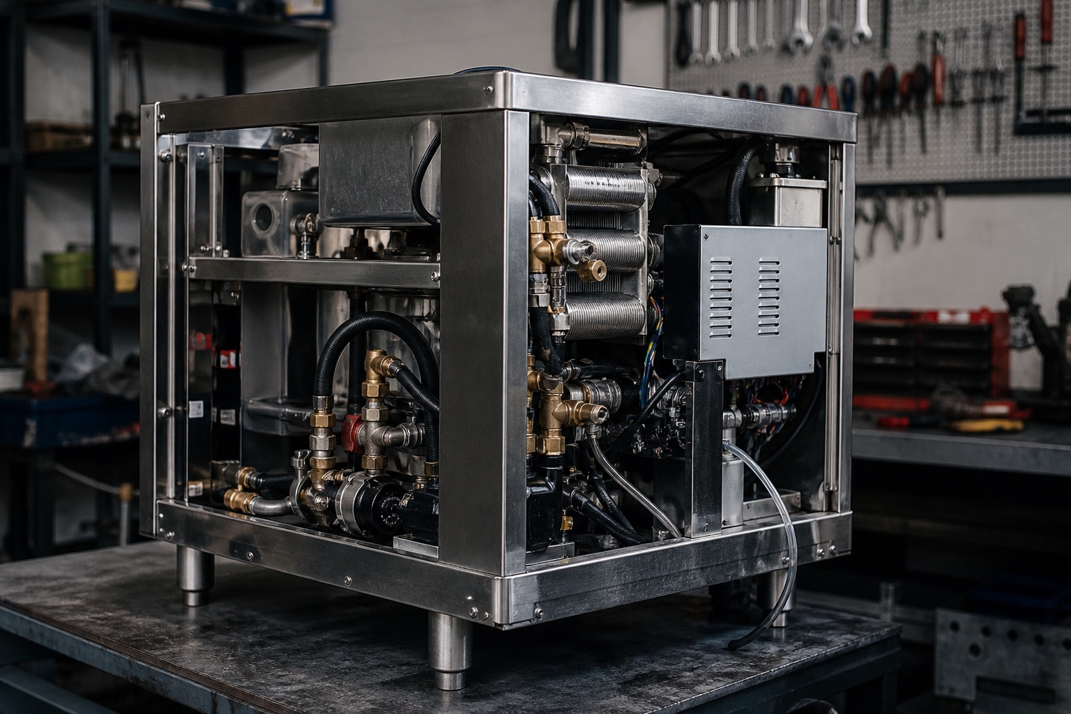 A commercial appliance with service panels removed to show pumps, heat exchangers, valves, wiring, and controls