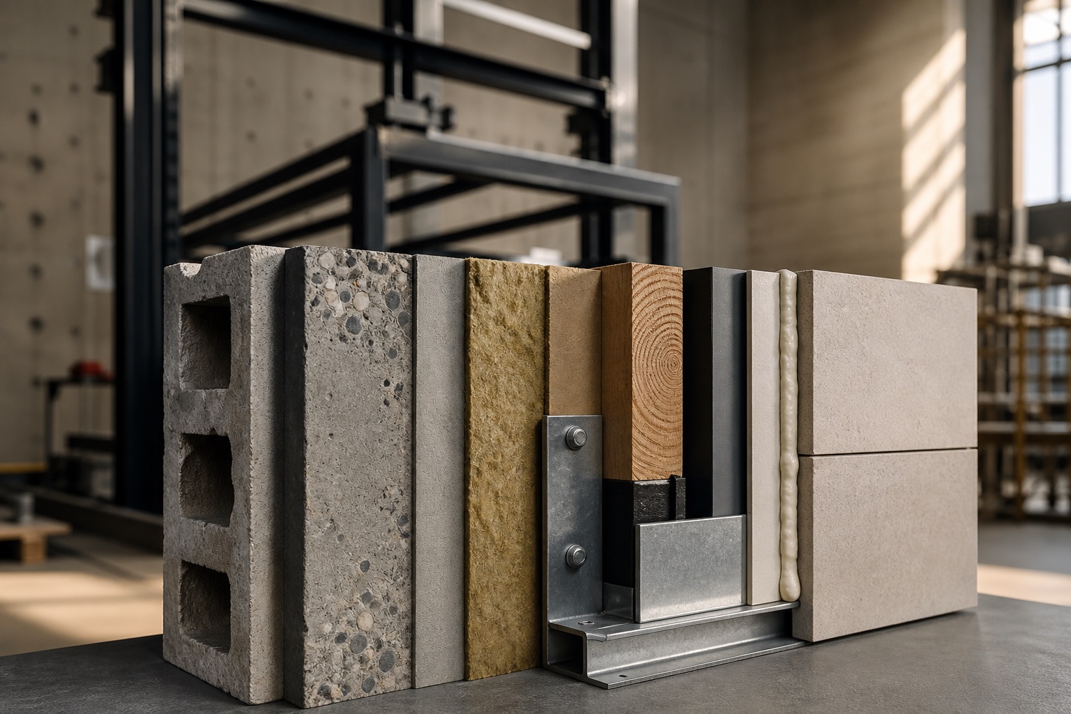Concrete, insulation, timber, steel framing, sealant, and cladding assembled as a building-system cutaway