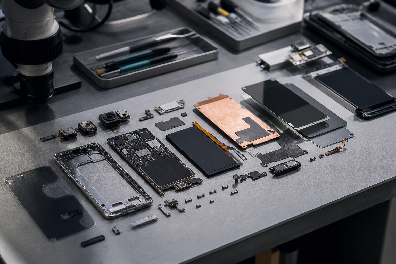 A smartphone disassembled into enclosure, circuit board, cameras, battery, display, and shielding