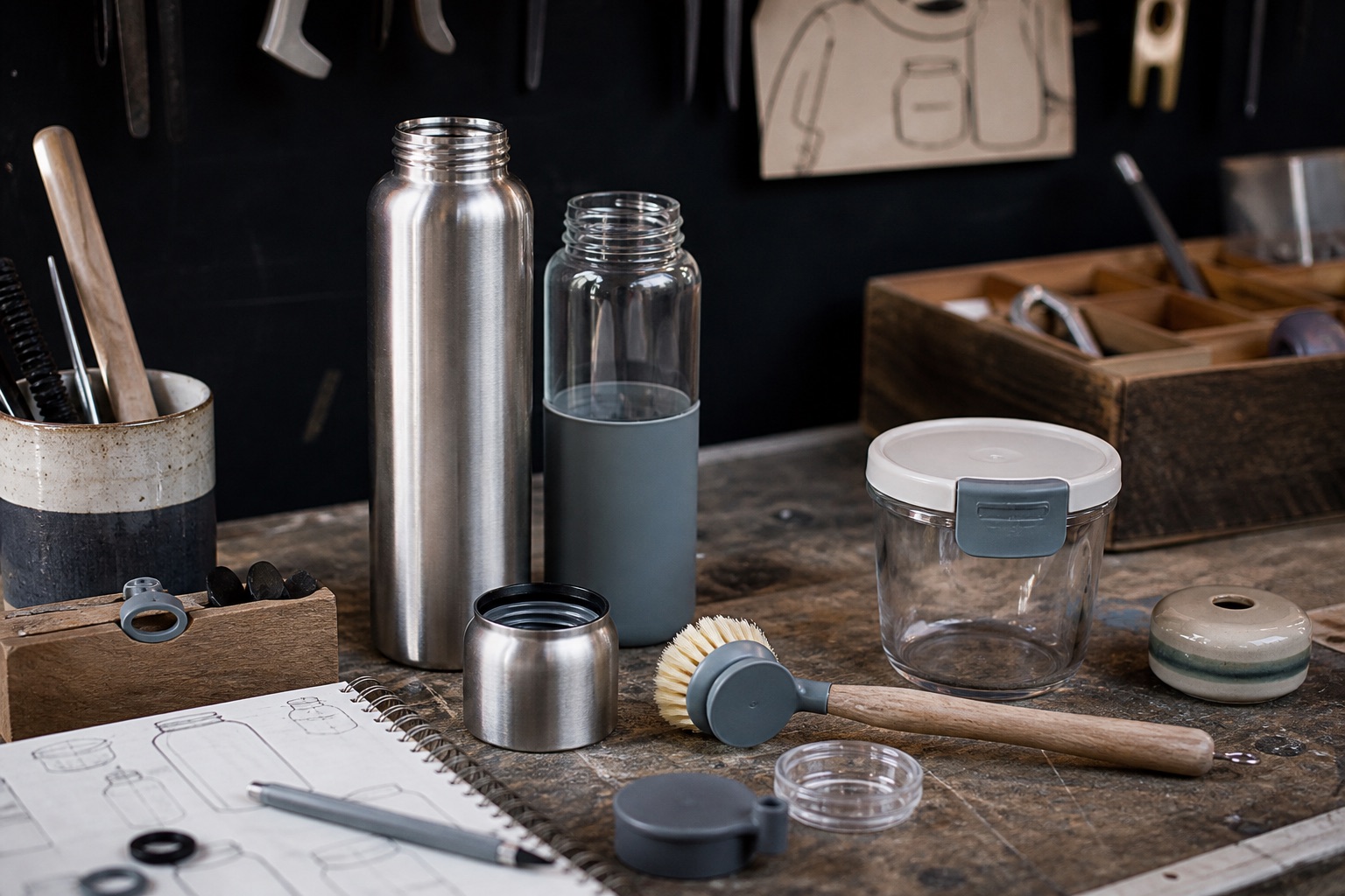 Household goods made from metal, glass, wood, ceramic, and polymer arranged as a material study