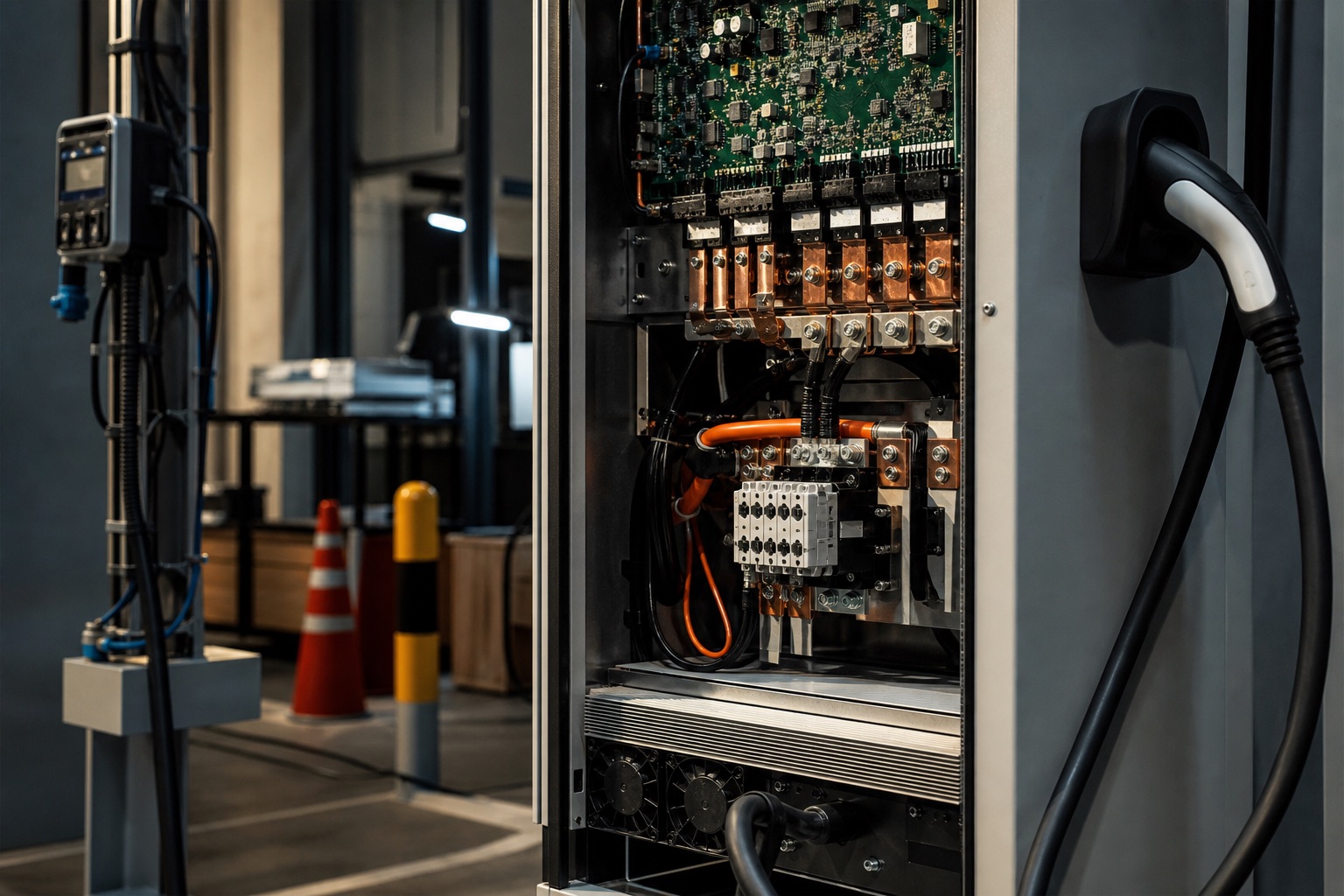 An electric vehicle charger opened to reveal power electronics, copper busbars, controls, cooling, and connector