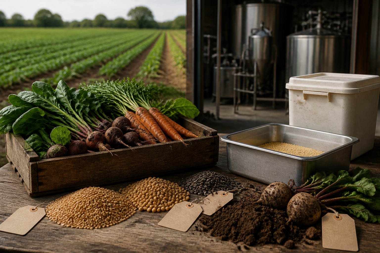 Fresh produce, grain, seeds, soil, harvest lots, and processing vessels connecting field origin to food production
