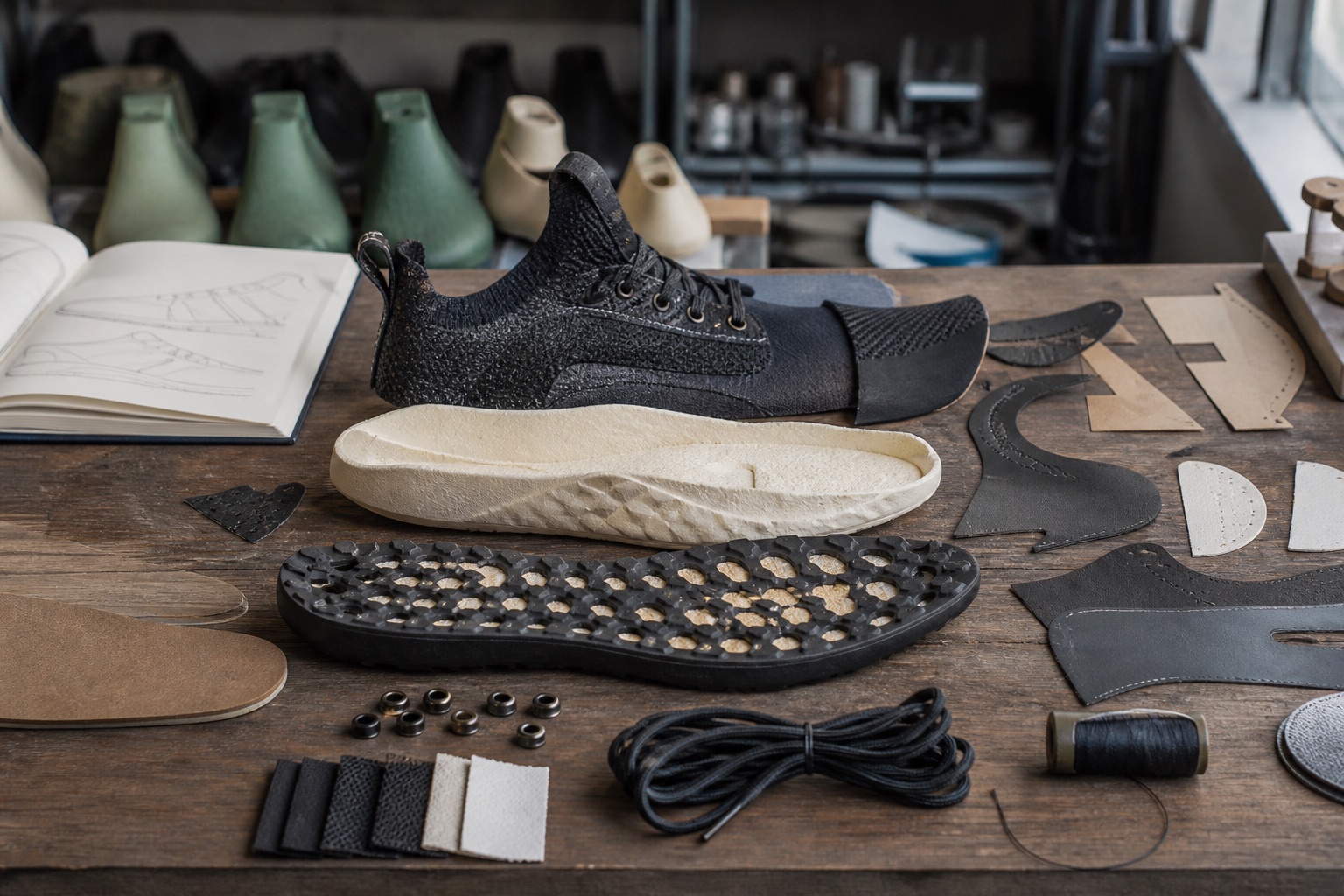 A deconstructed trainer showing outsole, midsole, upper, laces, and hardware