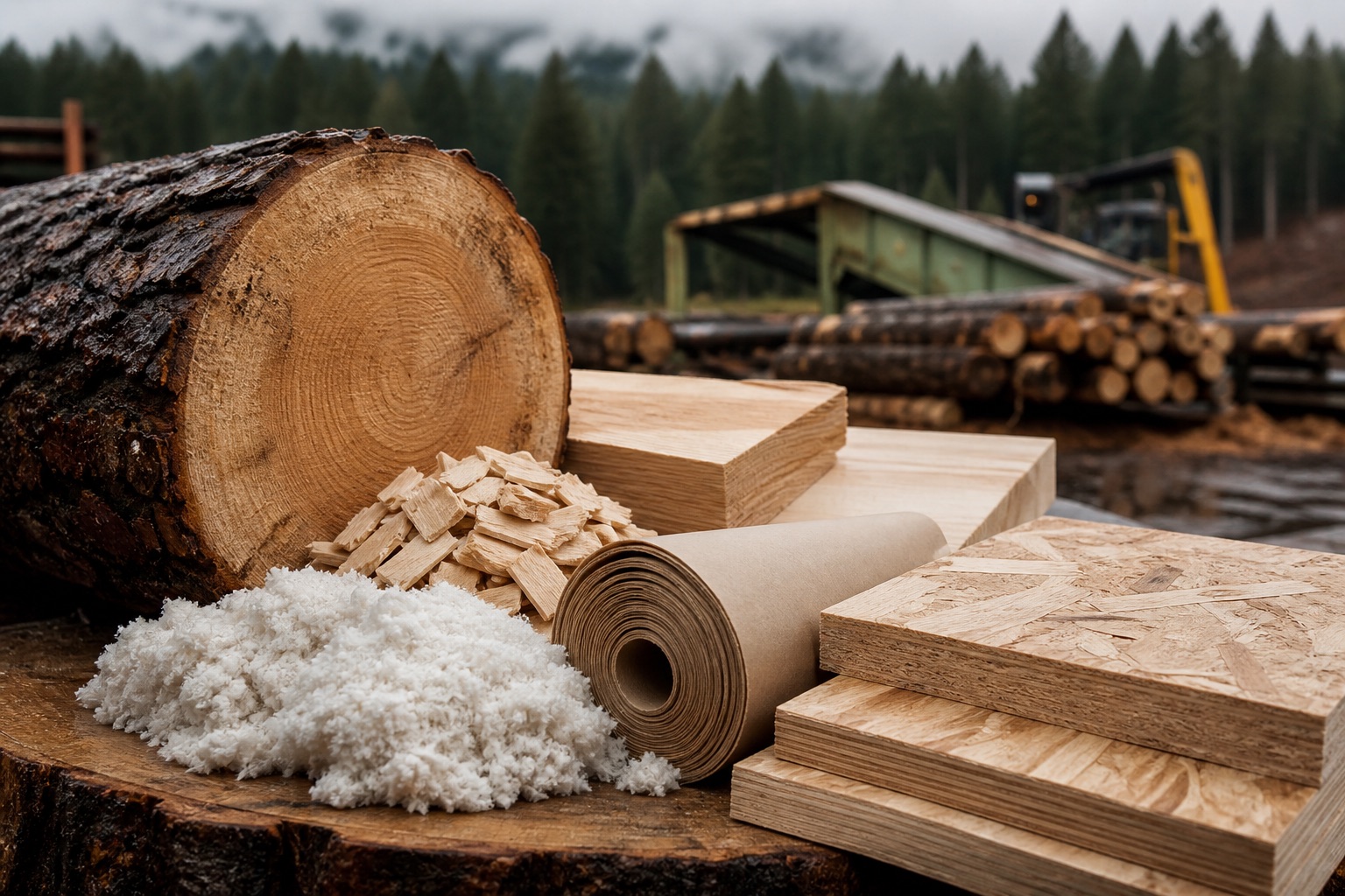 A harvested log, sawn timber, wood chips, pulp fiber, paper roll, and engineered panels at a forest products site