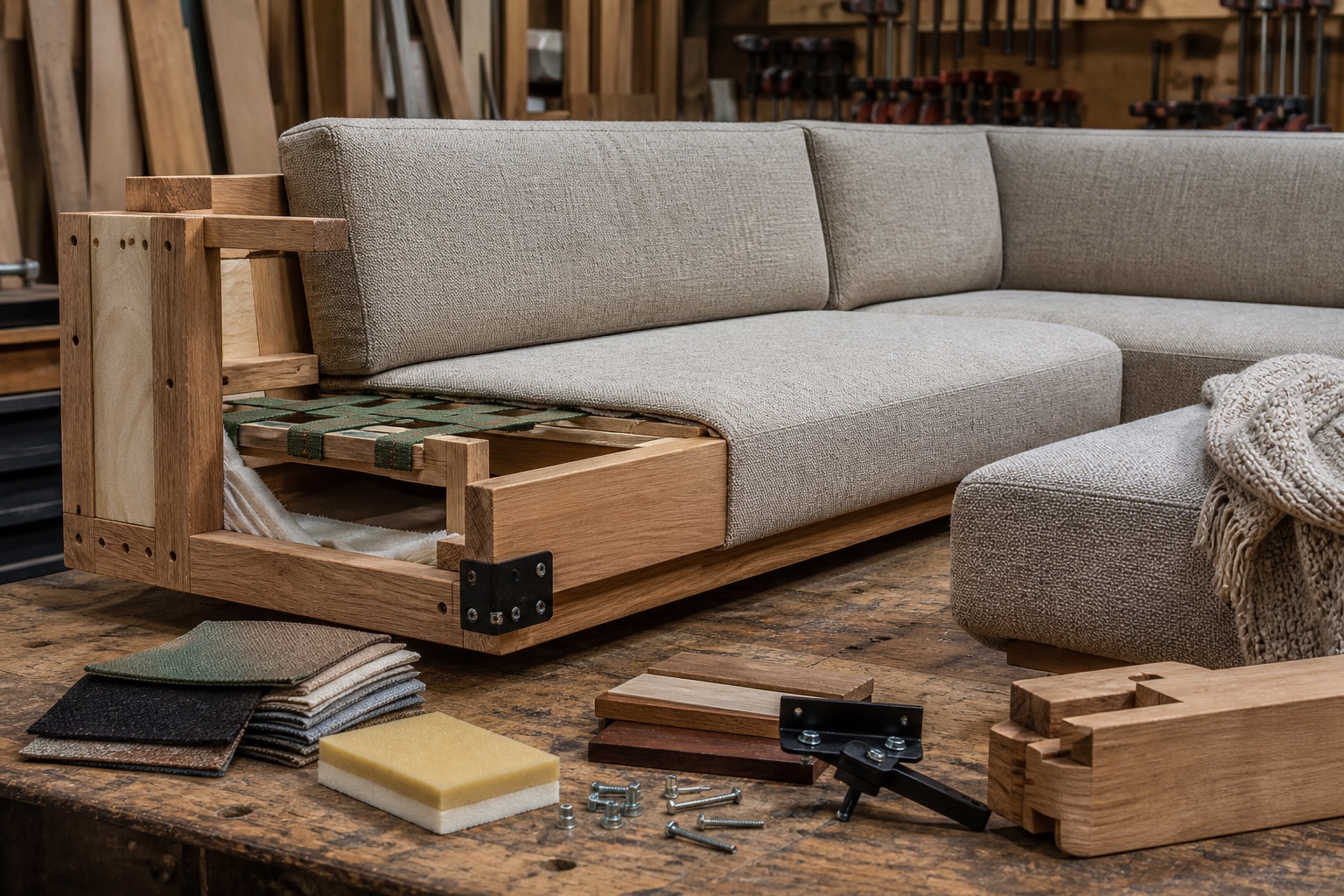An upholstered chair shown with timber frame, foam, fabric, hardware, and repairable components