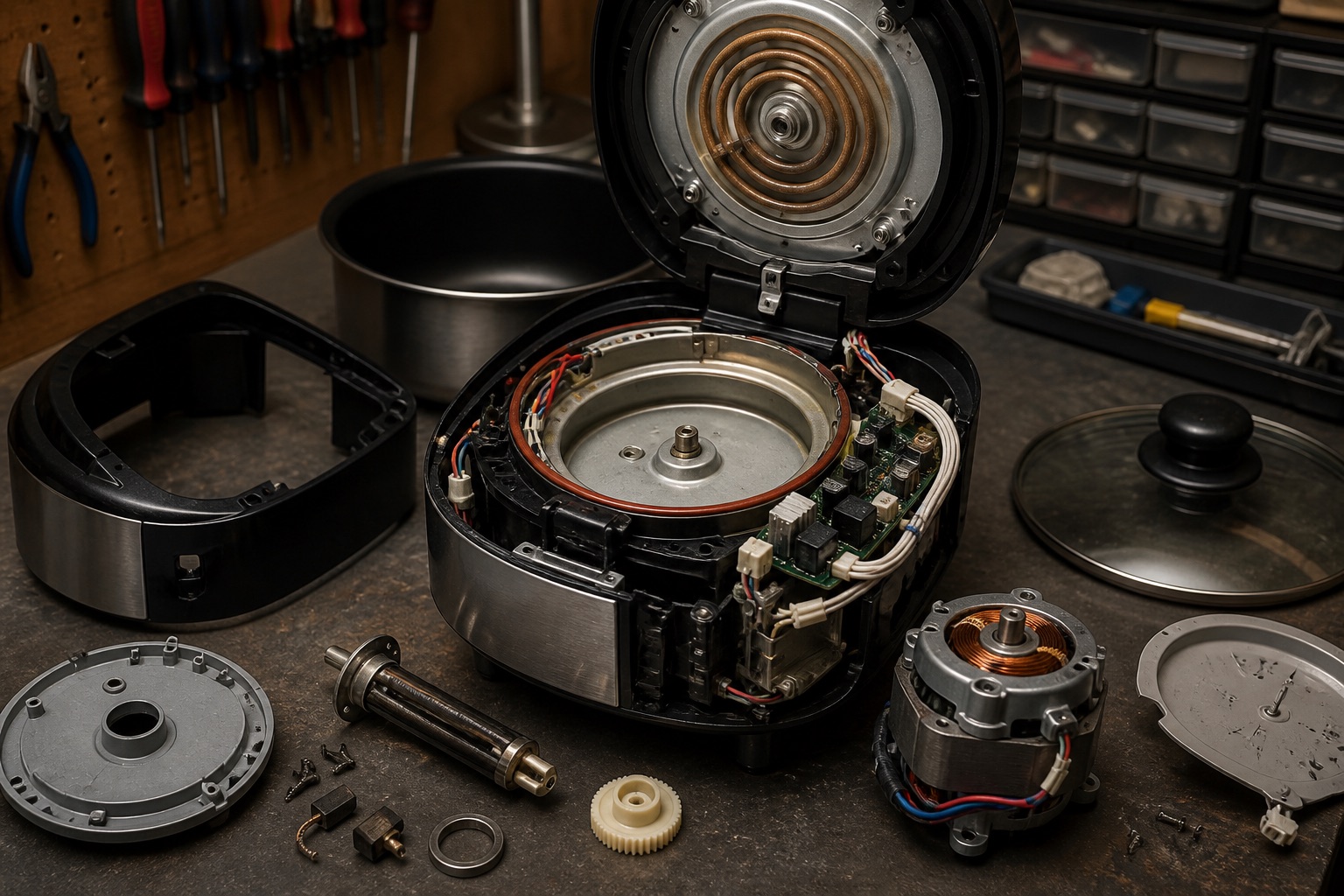 A countertop appliance opened for service with heating element, motor, wiring, and replaceable parts visible