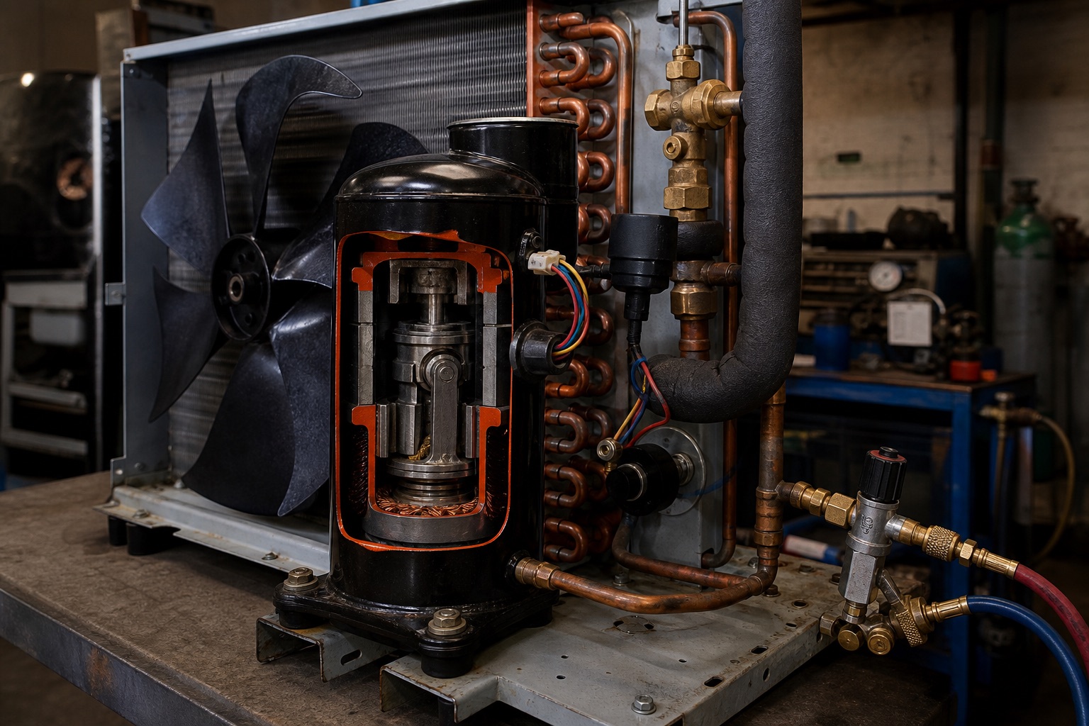 A refrigeration system cutaway showing compressor, coils, fan, valves, sensors, and service connections