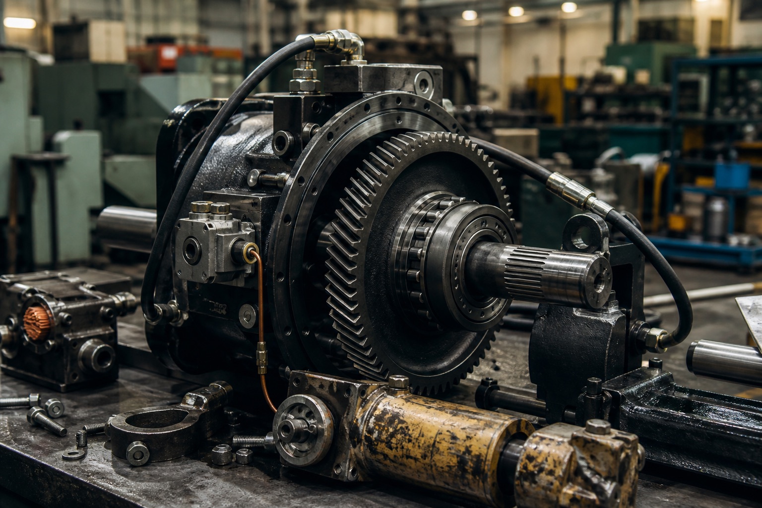 A heavy industrial drive assembly with gears, bearings, hydraulics, and serviceable subcomponents