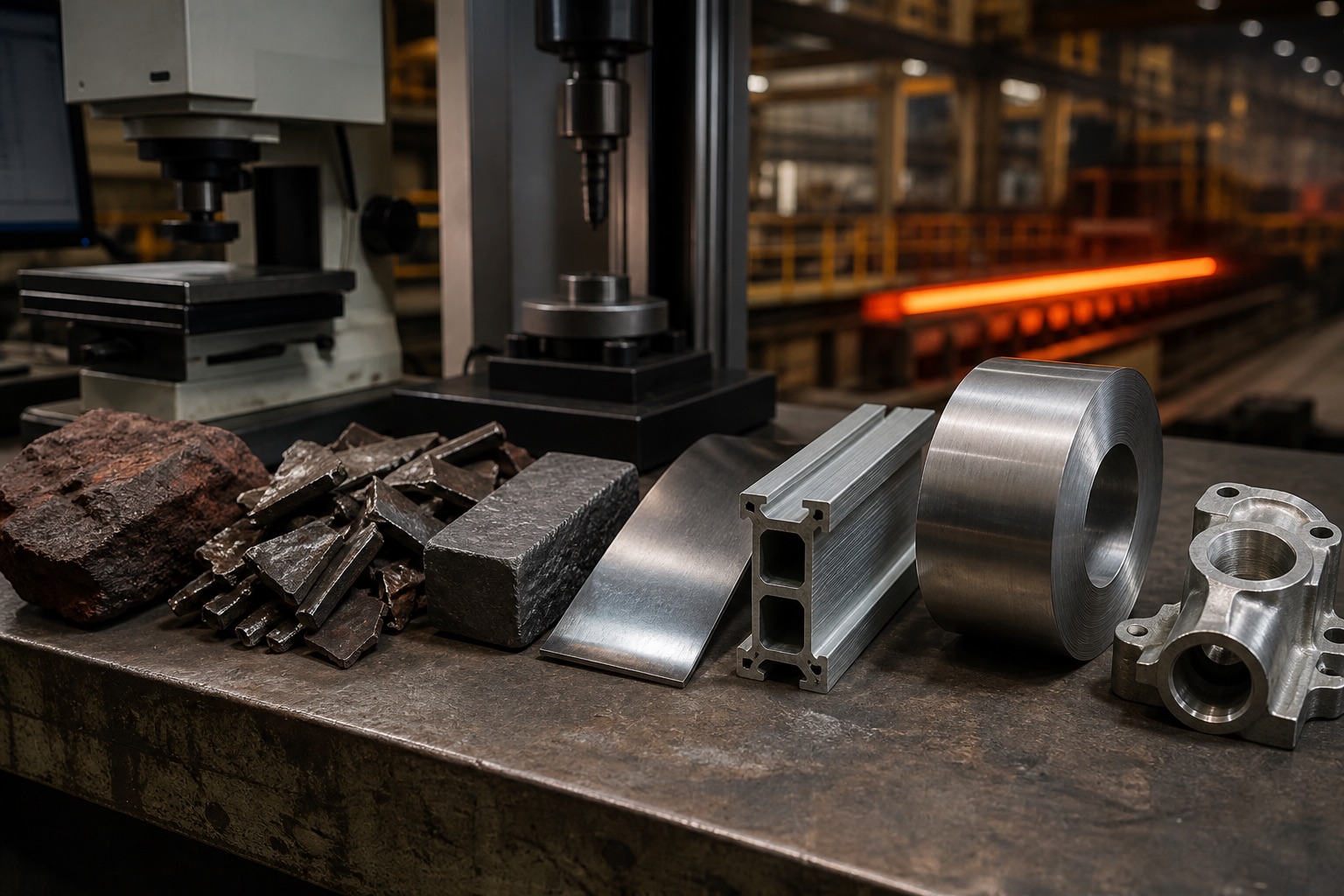 Ore, scrap, billet, sheet, extrusion, coil, and finished metal component shown along a material transformation path