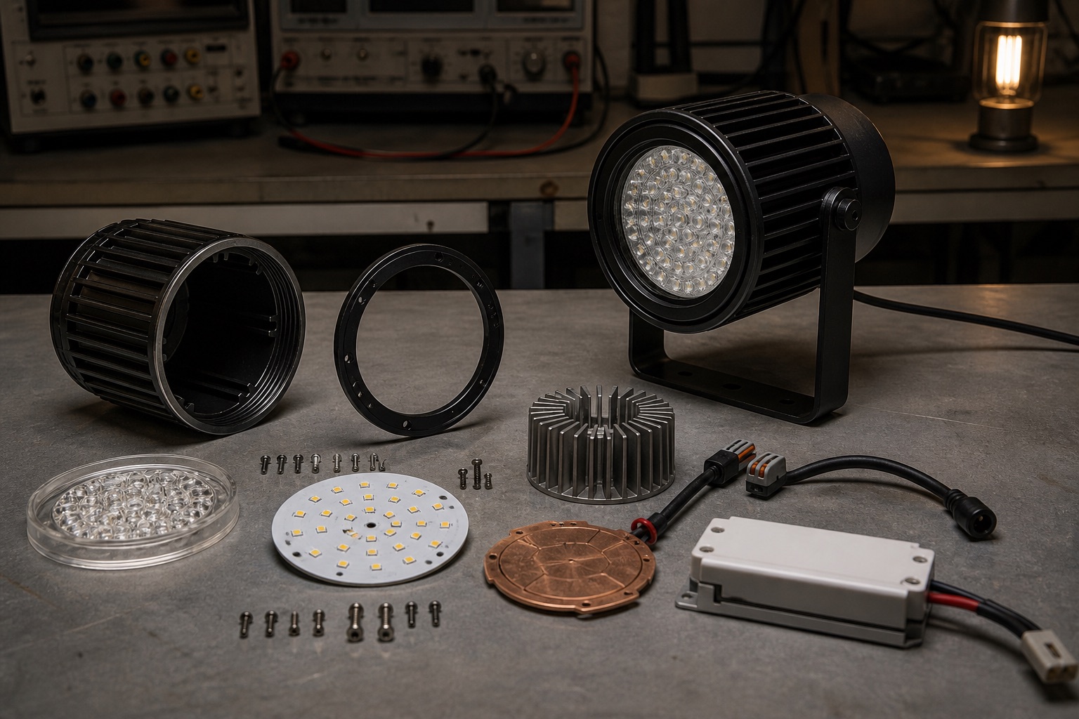 An LED luminaire disassembled into housing, optics, light board, heat sink, driver, and connectors