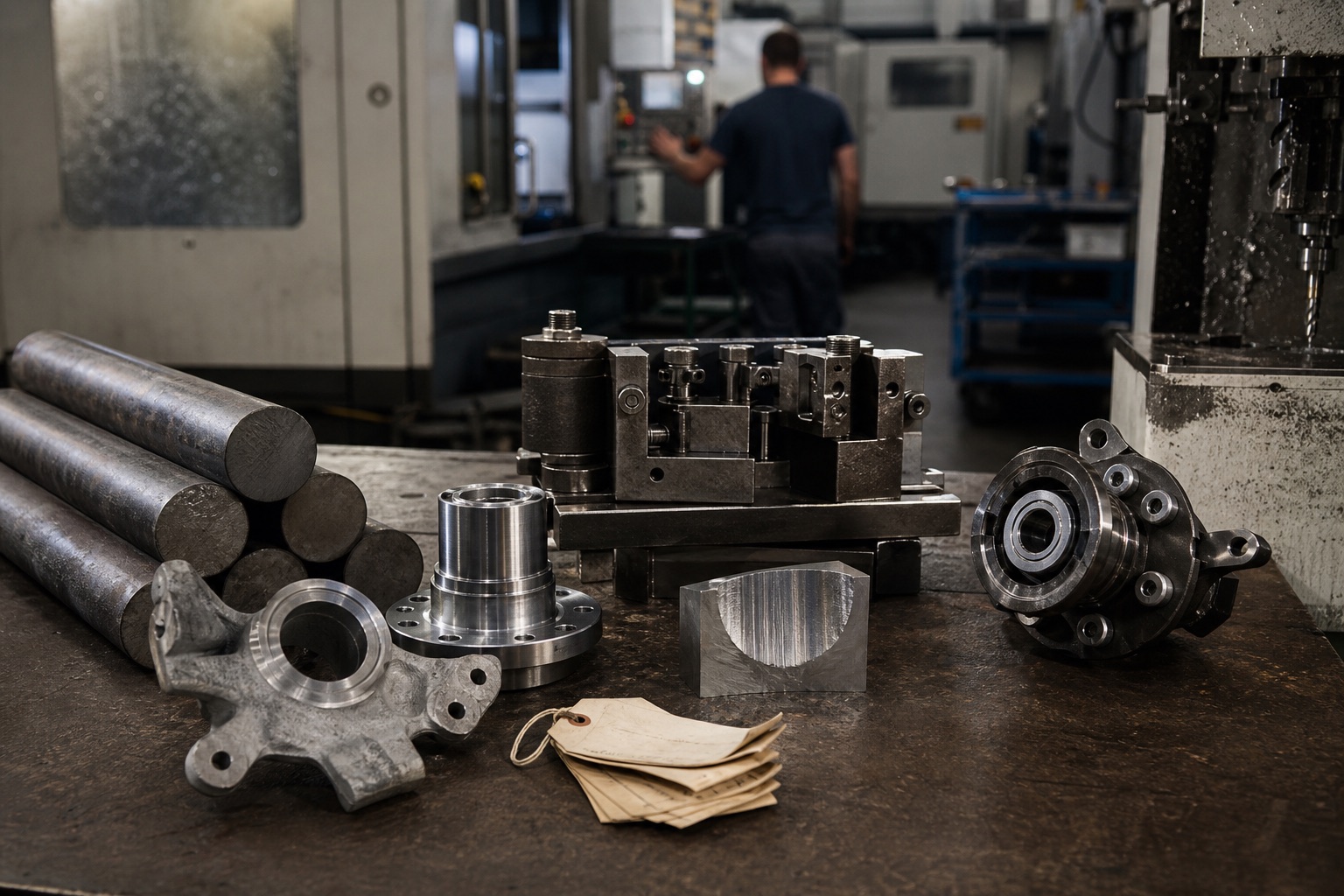 Raw metal stock, tooling, machined components, and a finished assembly arranged beside production equipment