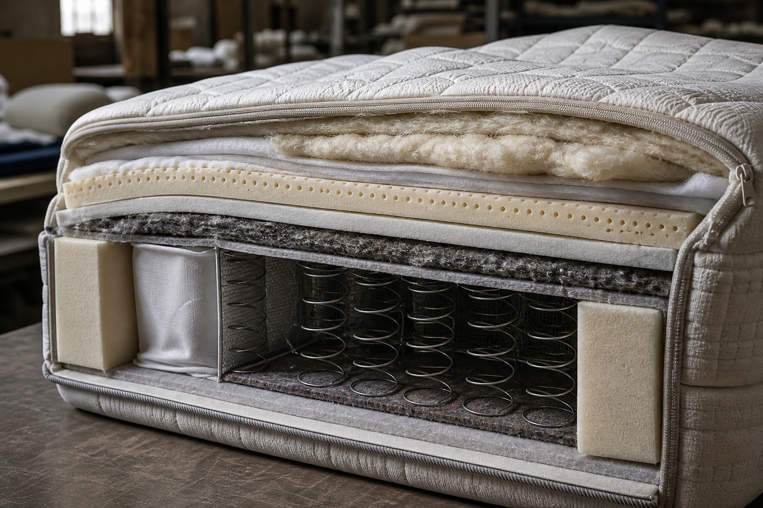 A mattress cutaway revealing textile cover, comfort layers, springs, and supporting materials