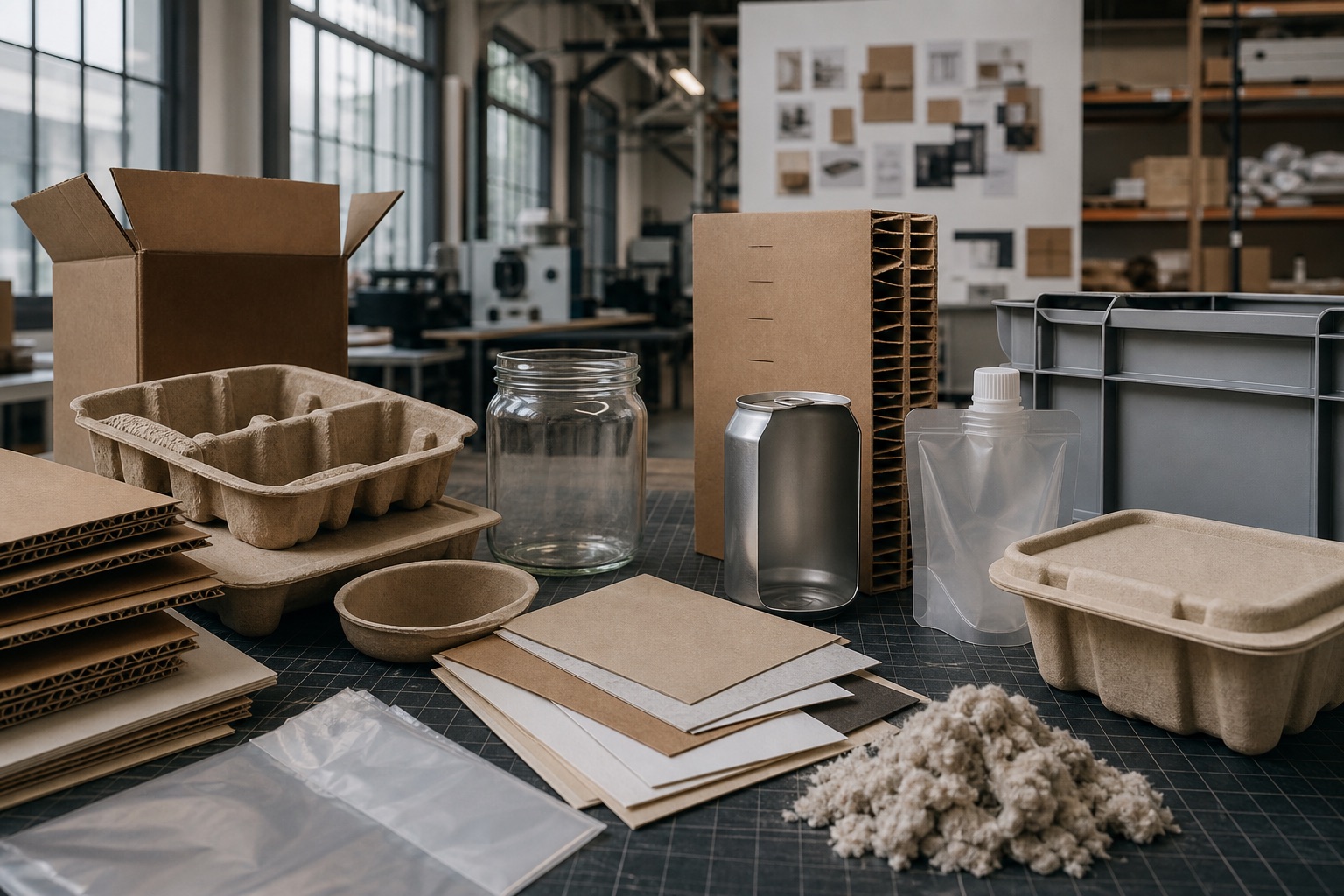 Corrugated board, molded fiber, glass, aluminium, flexible film, and reusable packaging formats on a design table