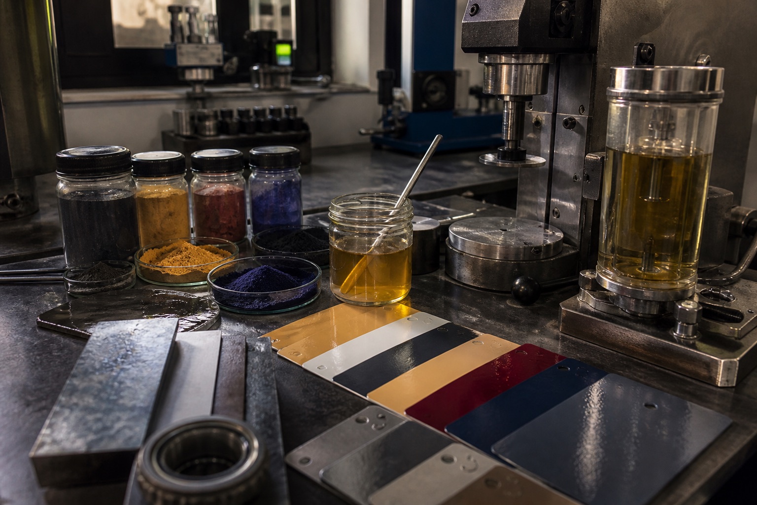Pigments, binders, lubricant fluids, formulation equipment, and coated test panels in a technical laboratory