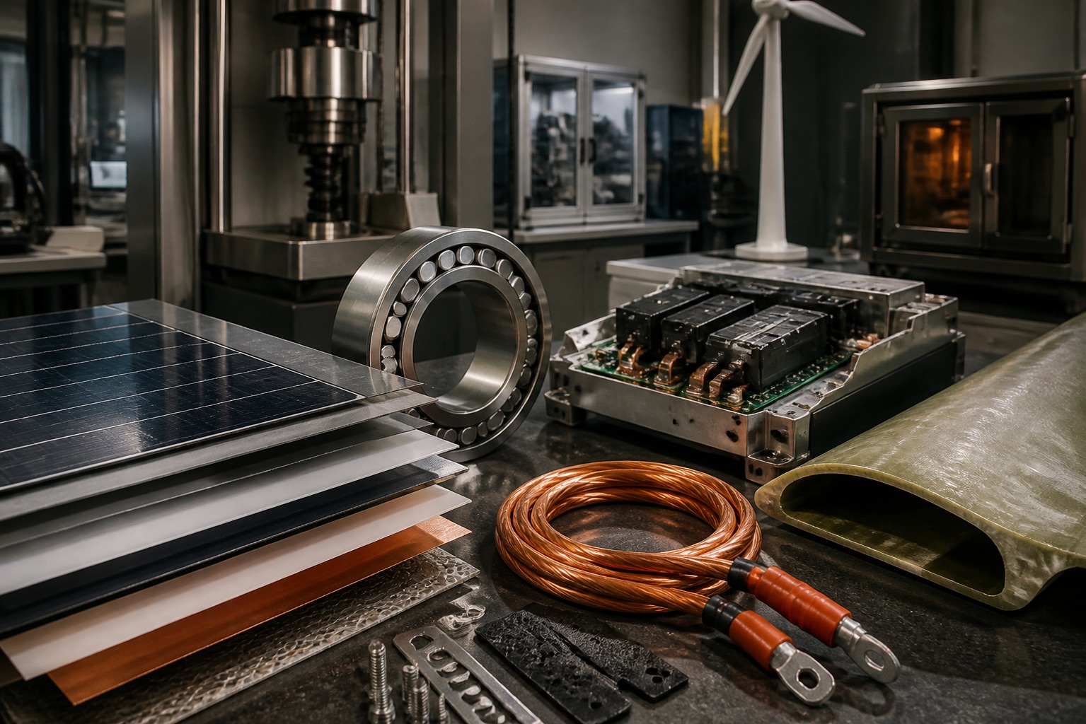 Solar, wind, power-electronics, copper, composite, and bearing components arranged in an engineering laboratory