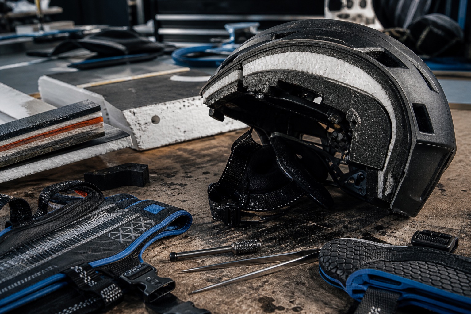 A protective sports helmet opened to reveal shell, padding, straps, and fasteners