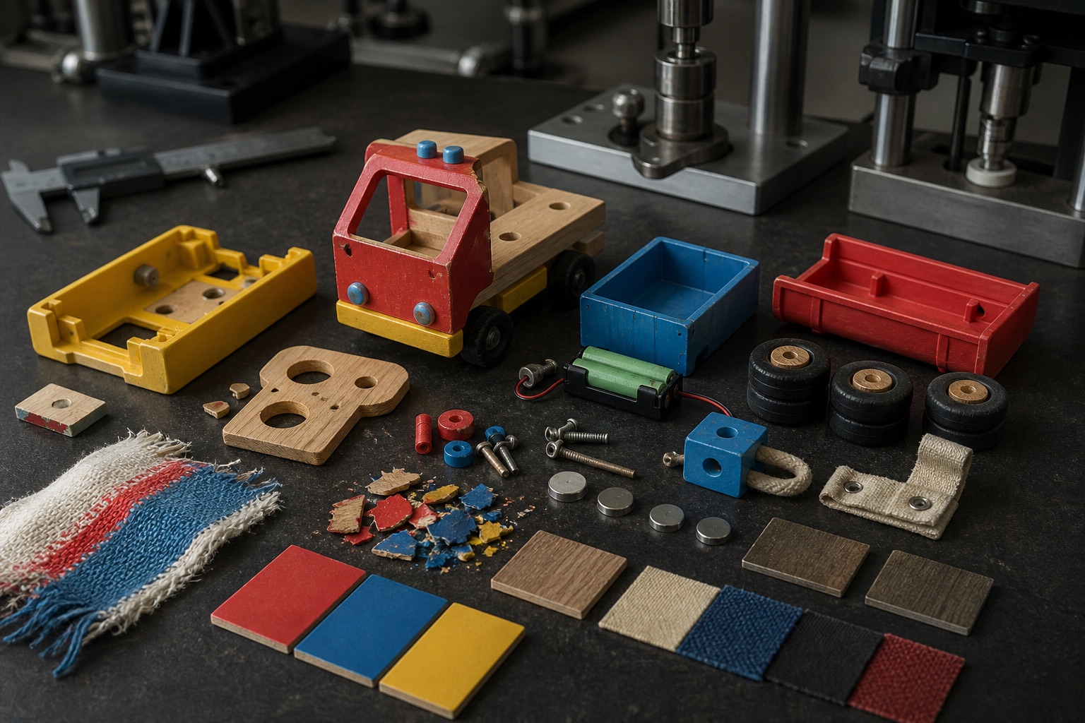 A wooden toy and its small components arranged for product-safety inspection
