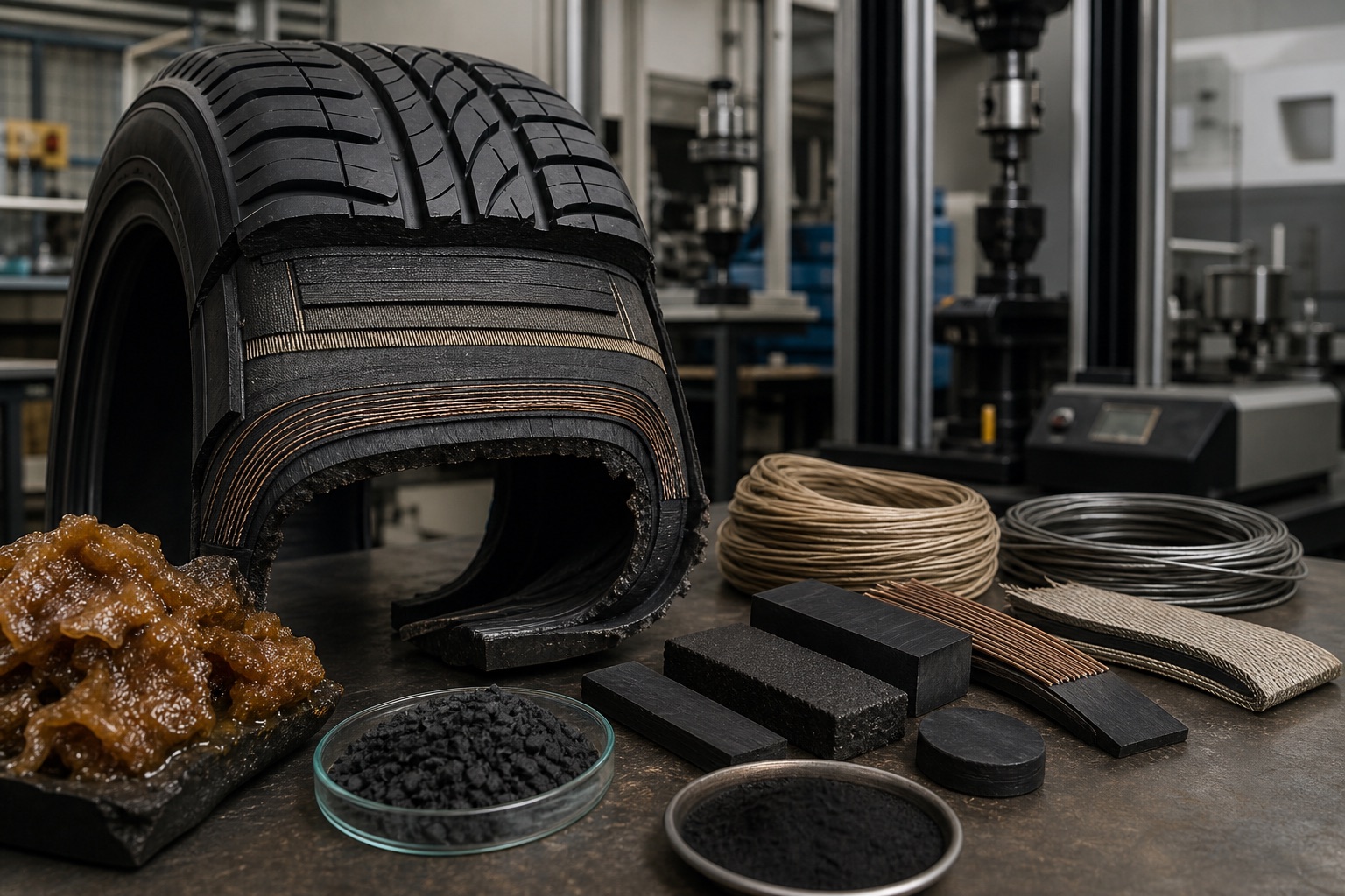 A tyre cutaway beside natural rubber, recovered carbon, steel cord, textile reinforcement, and rubber compounds