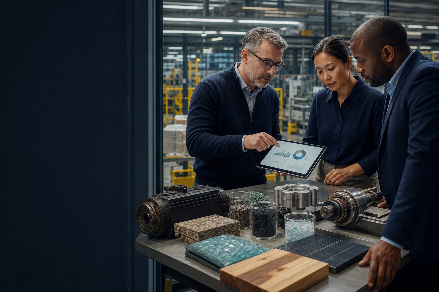 Supply chain leaders reviewing physical materials and connected operating data