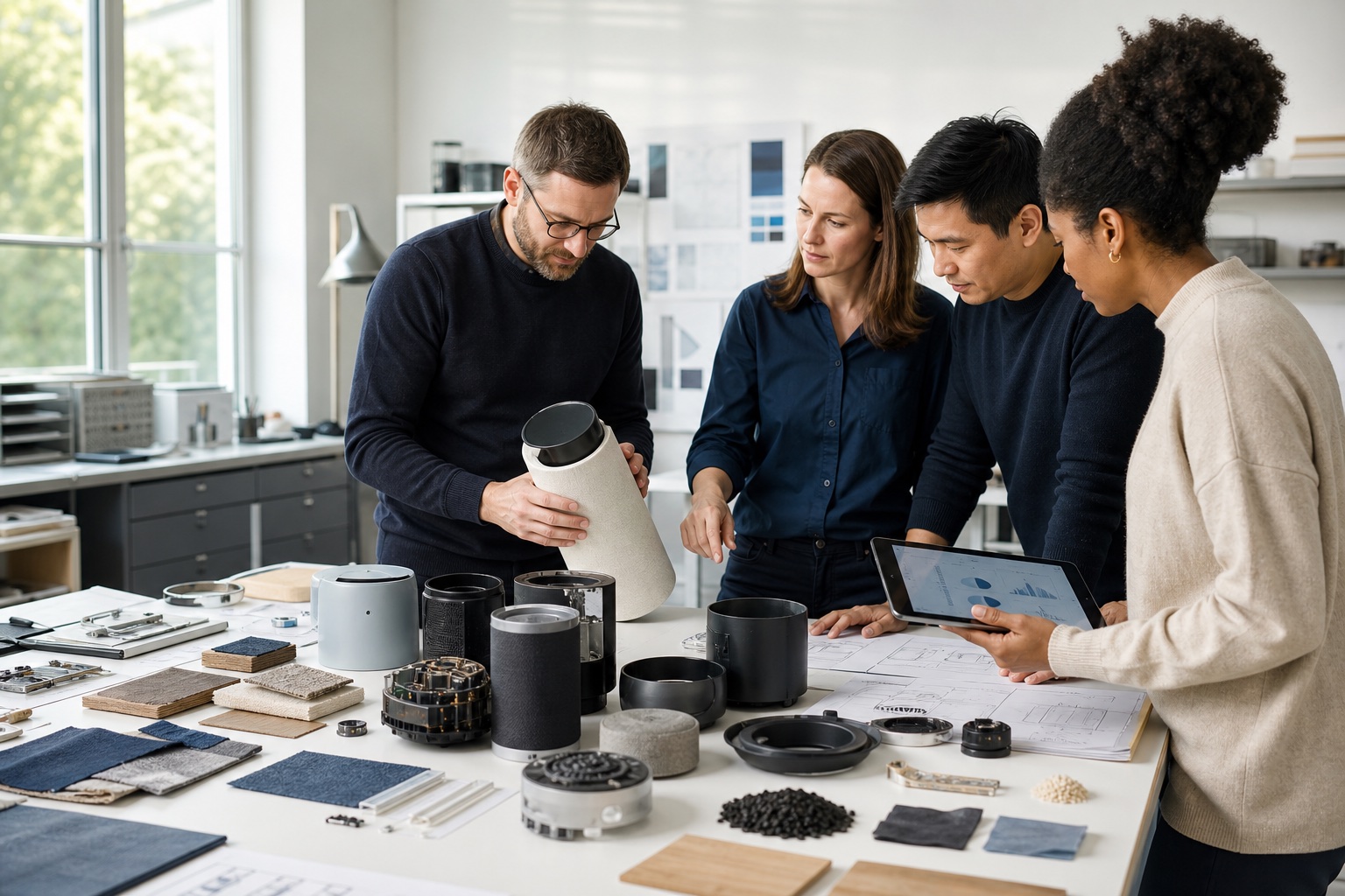 Product team reviewing components, material samples, and technical evidence