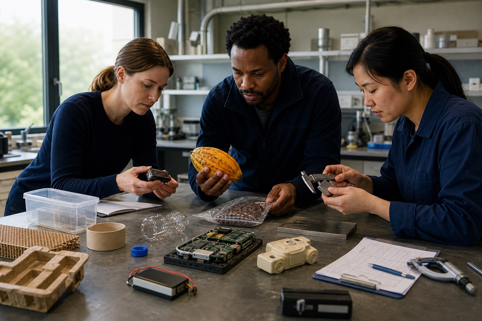 Compliance specialists review product and material evidence in a workspace
